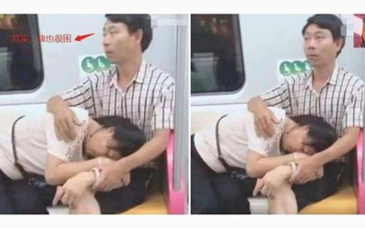 火車上「老婆趴躺老公大腿上」熟睡  老公甜摟往「下半身」一看超暖心：好老公