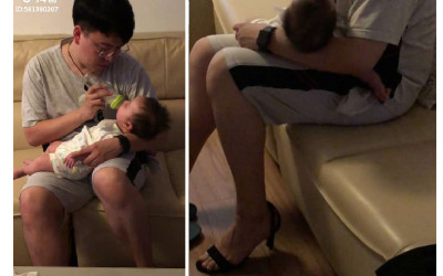新手爸爸餵寶寶喝奶，腳上竟踩著高跟鞋，原因曝光後...網讚爆寵兒無誤