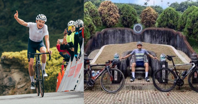 外國自行車手「坐龍椅」燦爛拍照！台網友一看全冒冷汗：那不是椅子啦！